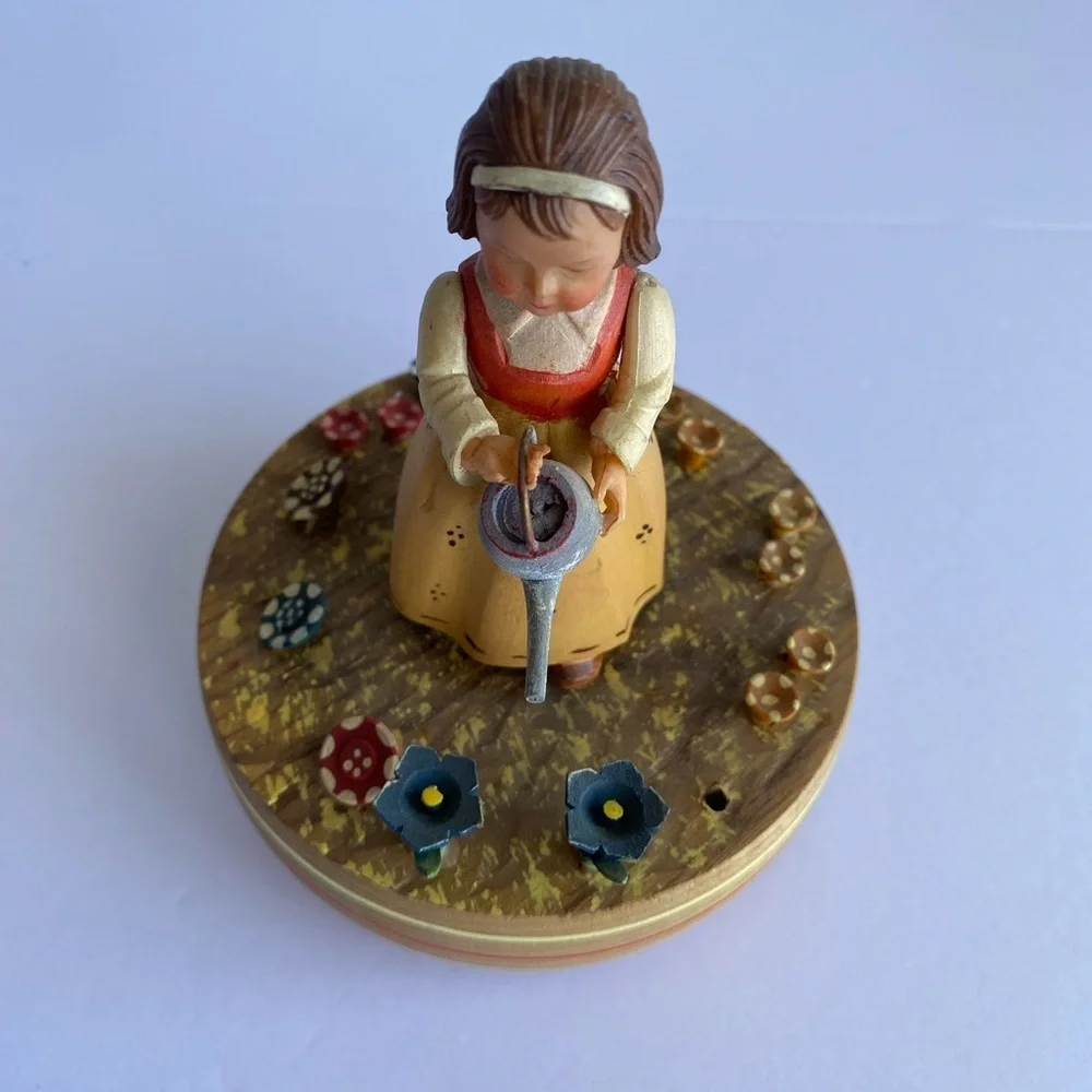 Vintage Reuge Anri Girl With Watering Can Flowers Swiss‎ Music Box Retired Read